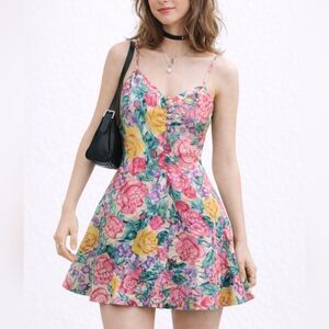 90s Floral Chemise Mini Dress Button Accents Size Large